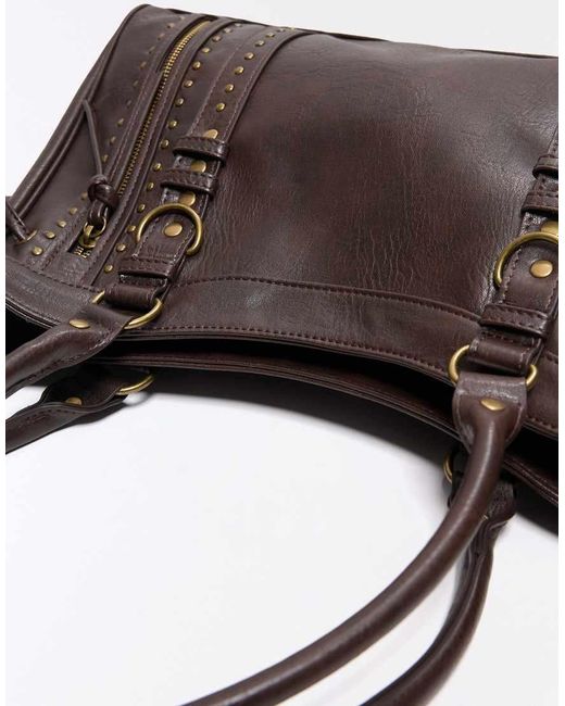 Bershka Brown Zip And Stud Bag