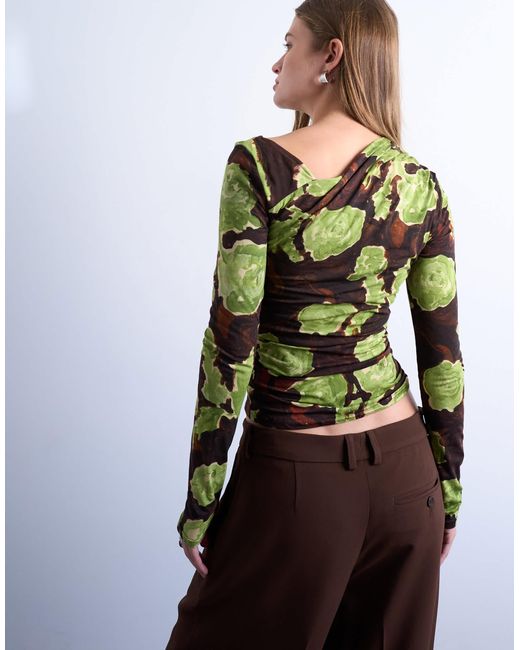 TOPSHOP Multicolor Asymmetric Slash Neck Floral Print Long Sleeve Top