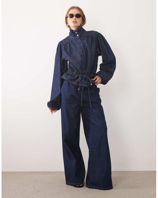 ASOS Blue Funnel Neck Gathered Denim Jacket