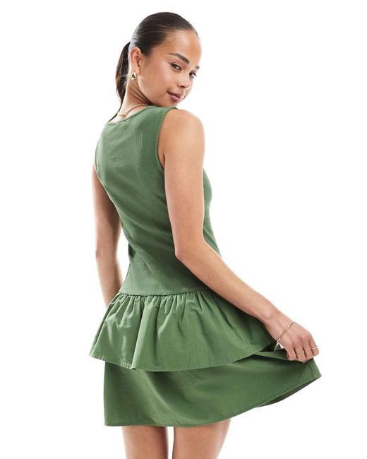 New Look Green Jersey Ribbed Tiered Skirt Mini Dress
