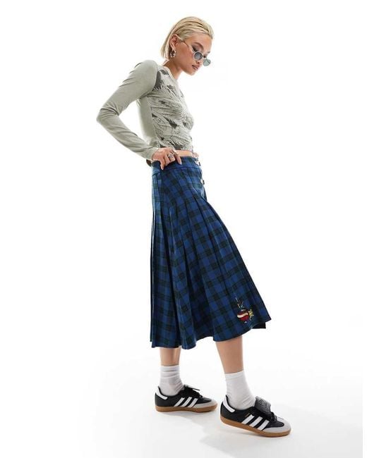 Ed Hardy Blue Love Bird Plaid Midi Kilt Skirt With Logo