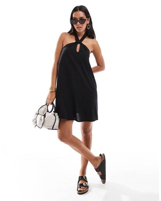 New Look Black Linen Mini Halter Neck Dress