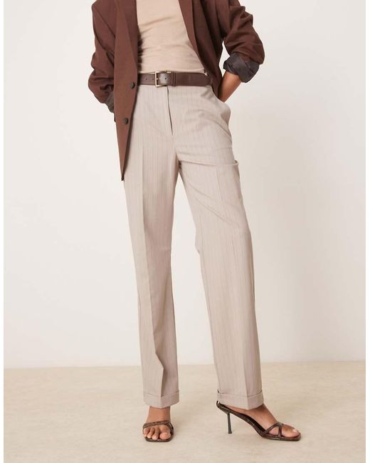 ASOS Natural Tall Tailored Slim Straight Trousers With Belt
