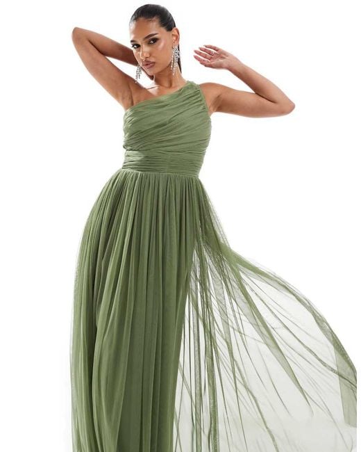 LACE & BEADS Green Bridesmaid One Shoulder Tulle Maxi Dress