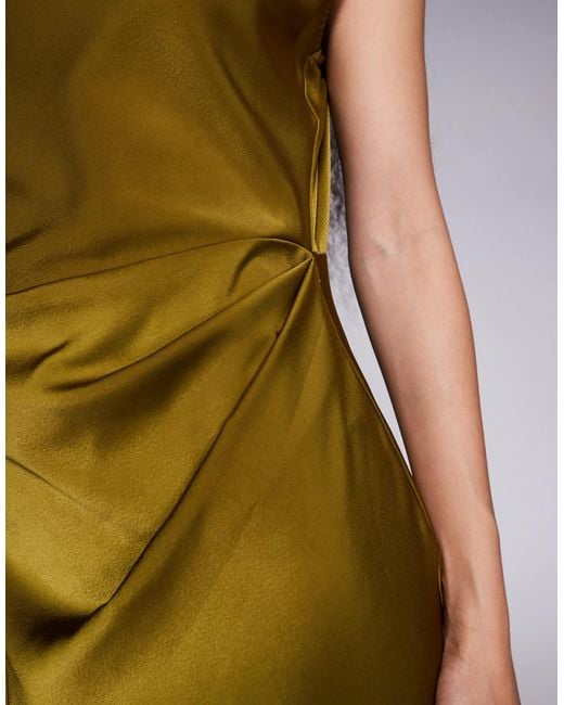 ASOS Green Asos Design Petite Satin High Neck Pleated Bodice Midi Dress