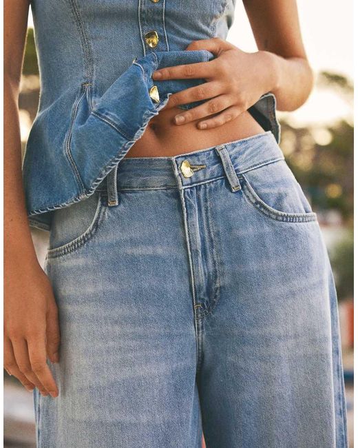 Bershka Blue High-waist Barrel Jeans With Ties