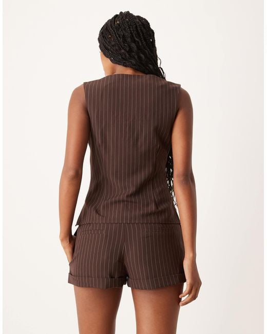 Motel Brown Ganita Scoop Neck Co-ord Button Up Pinstripe Vest