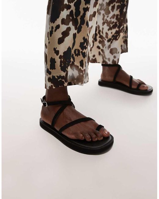 TOPSHOP Brown Kayce Real Suede Strappy Flat Sandals