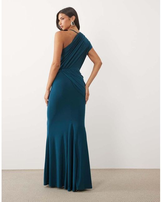 ASOS Blue One-shoulder Draped Dress With Hardware Detail