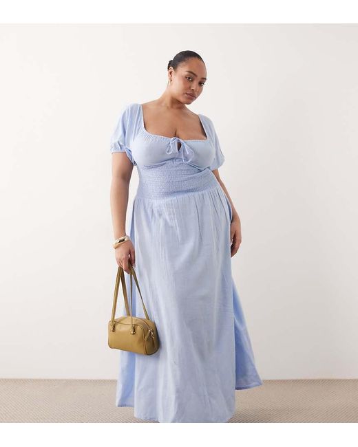 Esmee Curve Blue Puff Sleeve Tie Front Maxi Beach Dress