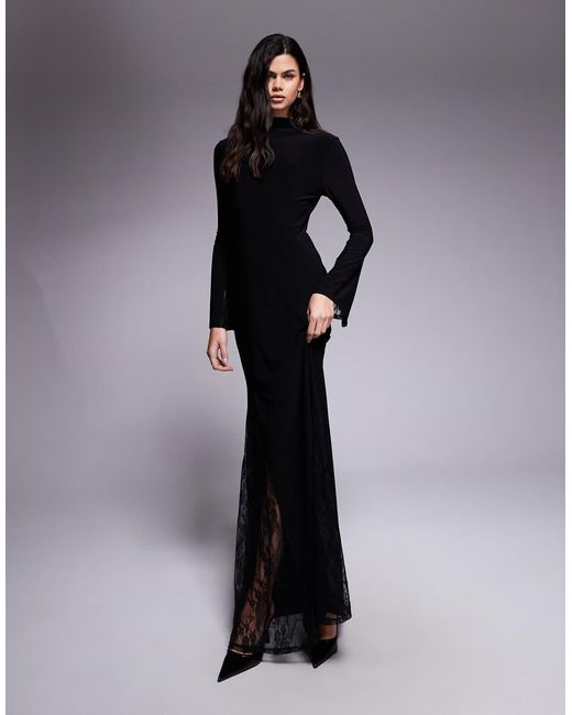 ASOS Blue Highneck Maxi Dress With Sheer Lace Godets And Layered Sleeve