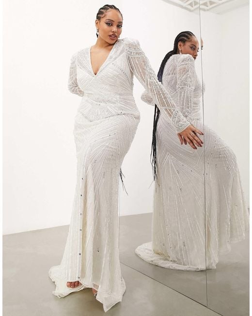 ASOS Asos Design Curve Millie Long Sleeve Vintage Artwork Sequin And Bead  Maxi Wedding Dress in Natural | Lyst Canada