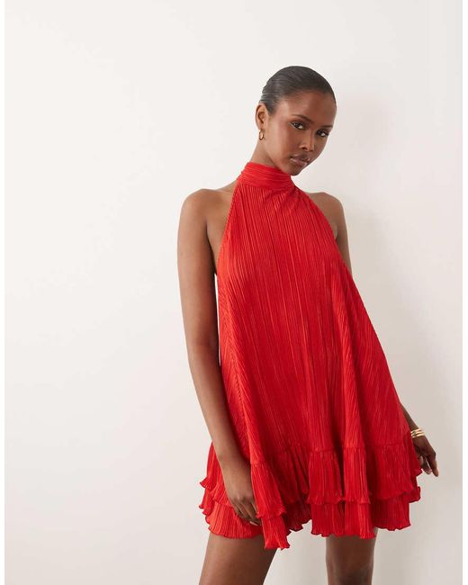 ASOS Red Plisse Halter Neck Mini Dress With Ruffle Hem
