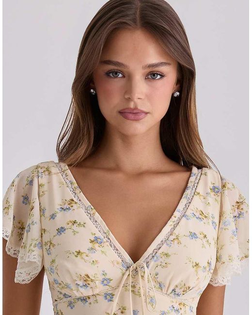 House Of Cb Natural Amina Lemon Floral Print Georgette Maxi Tea Dress