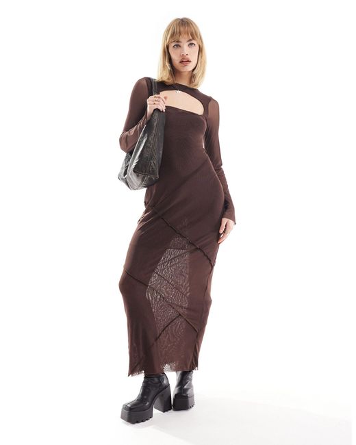 Collusion Brown Exposed Seam Layered Mesh Long Sleeve Maxi Dress