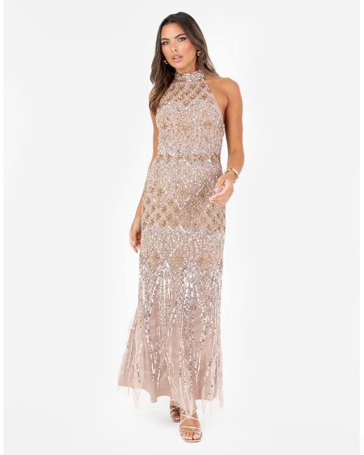 Maya Pink Embellished Halter Neck Open Back Maxi Dress
