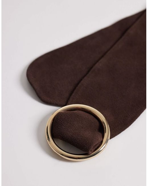 Mango Brown Wide Suede Belt With Gold-tone Hoop Detail