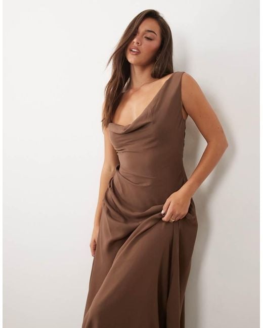 Missy Empire Brown Satin Asymmetric Shoulder Detail Drape Ruched Side Maxi Dress