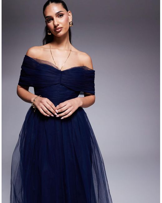 LACE & BEADS Bow Off Shoulder Tulle Maxi Dress in Blue | Lyst