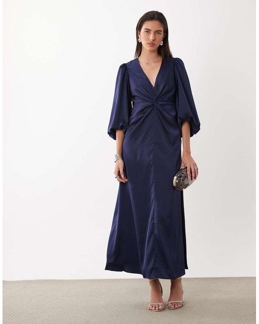 Y.A.S Blue Knot Front Volume Sleeve Satin Midi Dress