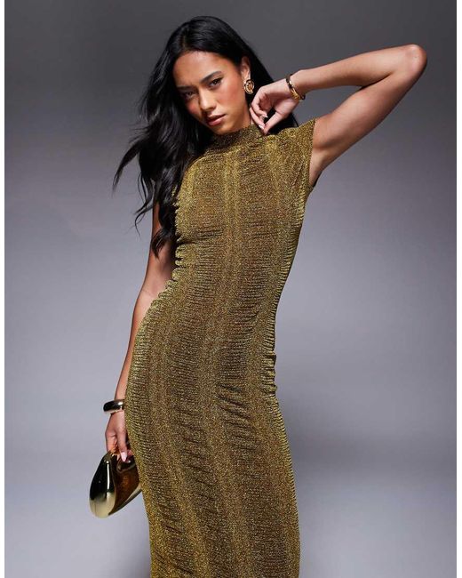 Vestido Midi Ajustado Con Mangas De Casquillo Y Acabado De Purpurina De Canalé De ASOS de color Blue