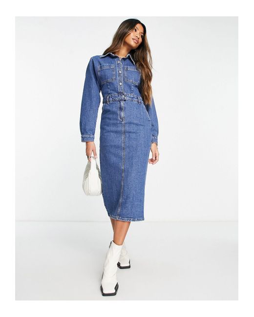 ASOS Denim Midi Dress in Blue | Lyst