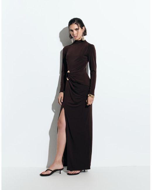TFNC London White Slinky High Neck Long Sleeve High Split Trim Detail Maxi Dress