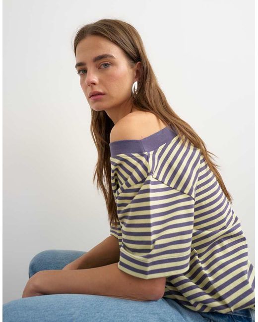 TOPSHOP Brown Stripe Off Shoulder T-shirt