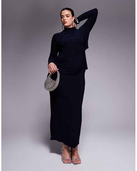 ASOS Blue Asos Design Curve Long Sleeve Ruched Detail Midaxi Dress With Twist Open Back