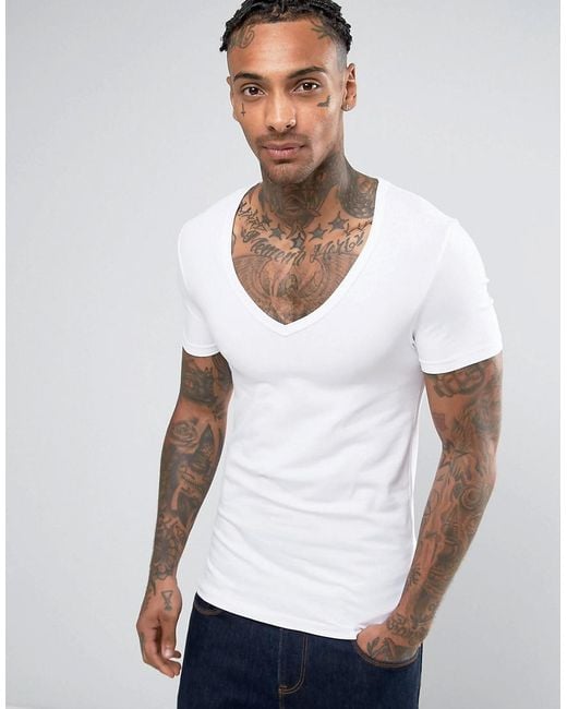 ASOS White Asos Extreme Muscle Fit T-shirt With Deep V Neck And Stretch for men