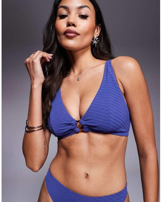 Wolf & Whistle Blue Textured Bikini Top With Tortoiseshell Ring Detail