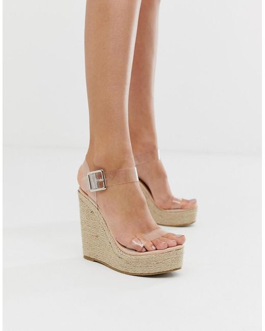 Truffle Collection White Clear Strap Espadrille Wedge