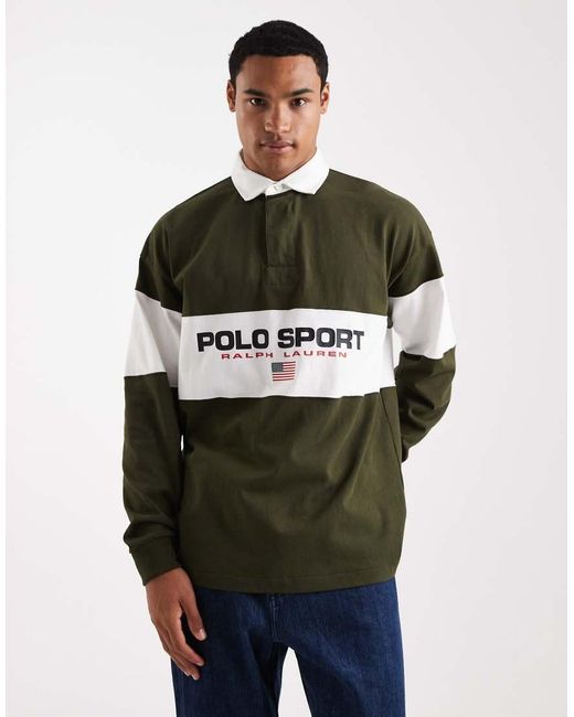 Polo Ralph Lauren Green Sport Chest Panel Flag Logo Oversized Fit Rugby Polo for men