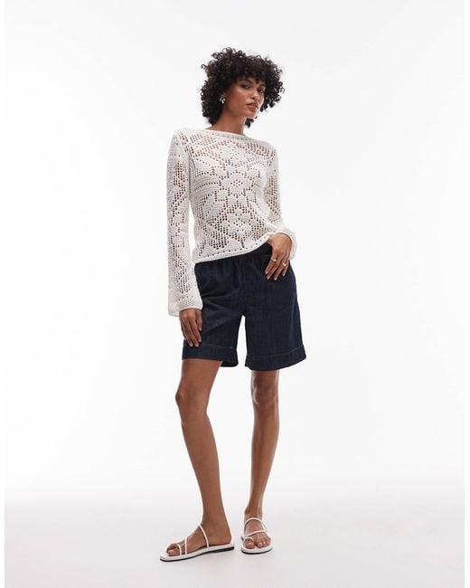 TOPSHOP Gray Knitted Slash Neck Lace Long Sleeve Top