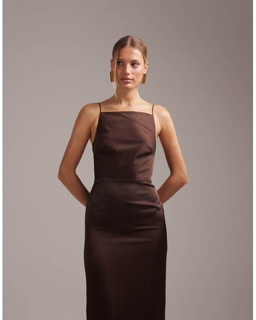 ASOS Brown Bridesmaids High Neck Tie Strap Column Maxi Dress