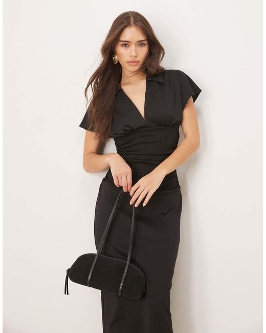 ASOS Natural Short Sleeve Collared Midi Dress With Ribbed Waist Mix