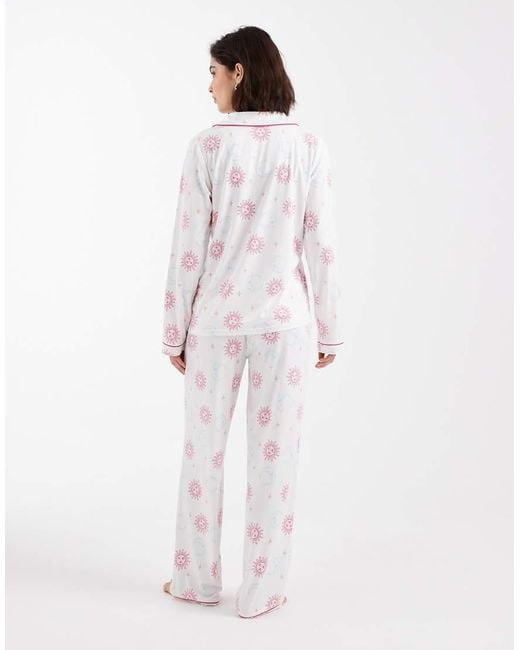 Loungeable White Super Soft Jersey Revere Top And Wide Leg Pyjama Set