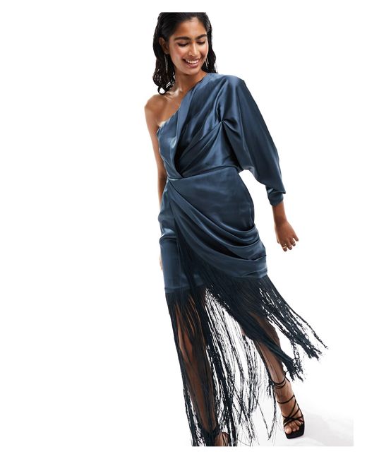 ASOS Blue Satin One Sleeve Ruched Maxi Dress With Fringe Detail