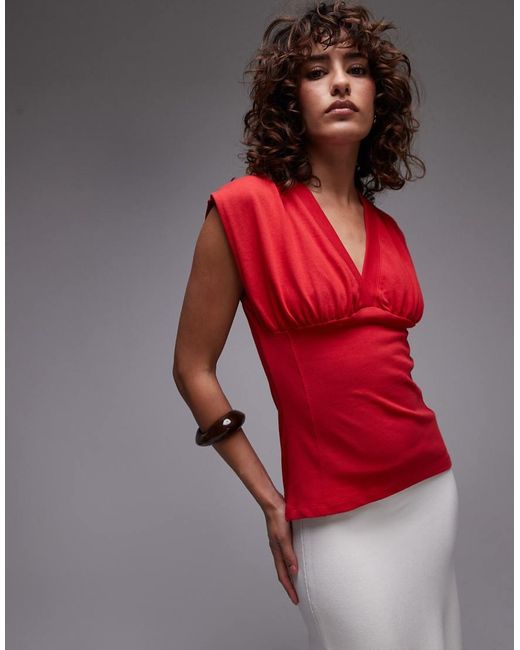 TOPSHOP Red V-neck Sleeveless Structu Top
