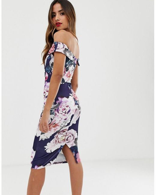 lipsy floral bardot bodycon dress Midi In Print In Navy in Blue SHEIN Glamour Elegant Black prom suits SIZE:M / L