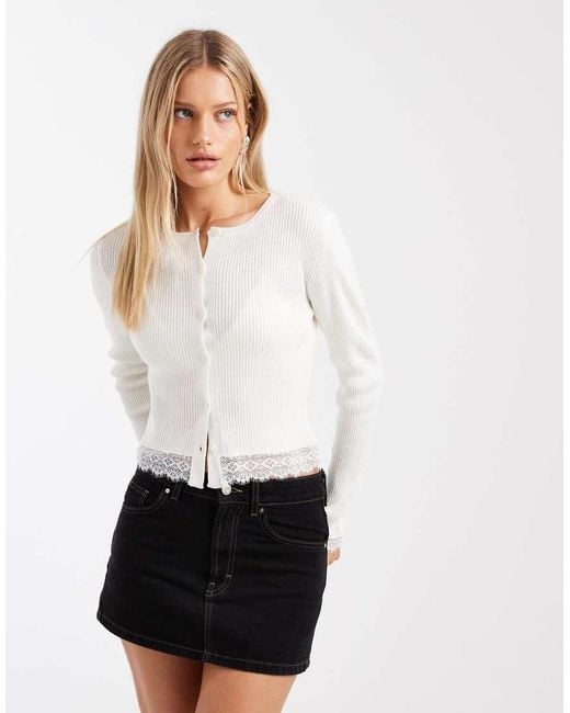 Miss Selfridge White Ribbed Cardigan With Lace Detail