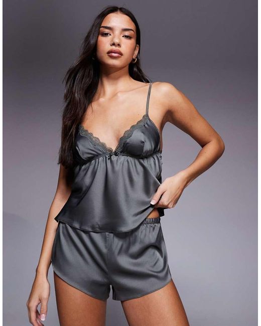 Boux Avenue Gray Kaya Satin Cami Set With Lace Detail
