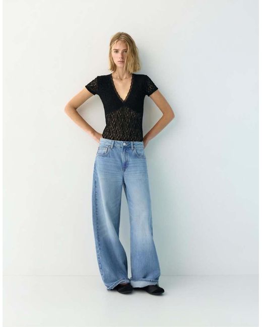 Pull&Bear Blue Short Sleeve Lace Bodysuit