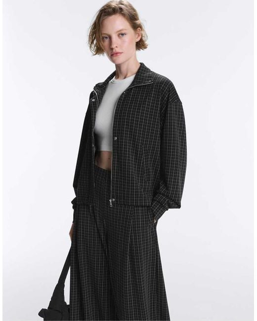 Oysho Black Check Piqué Jacket With High Collar