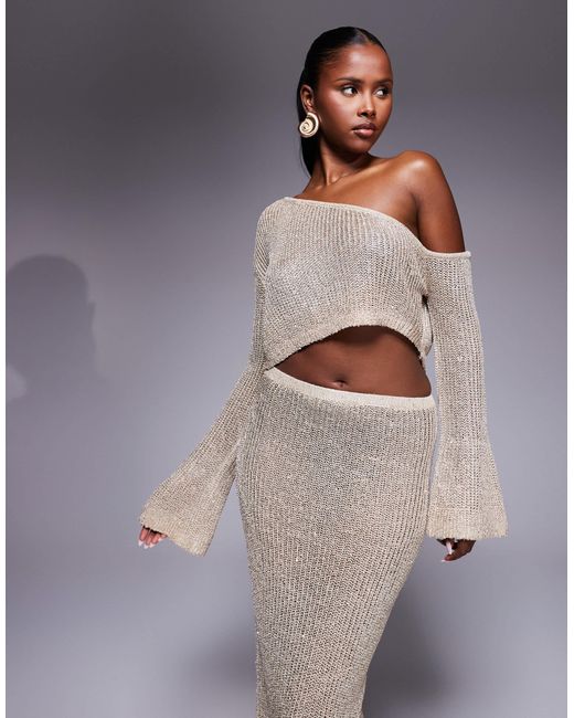 Wanderdoll Gray Gigi Metallic Knit Cropped Off Shoulder Beach Top Co-Ord