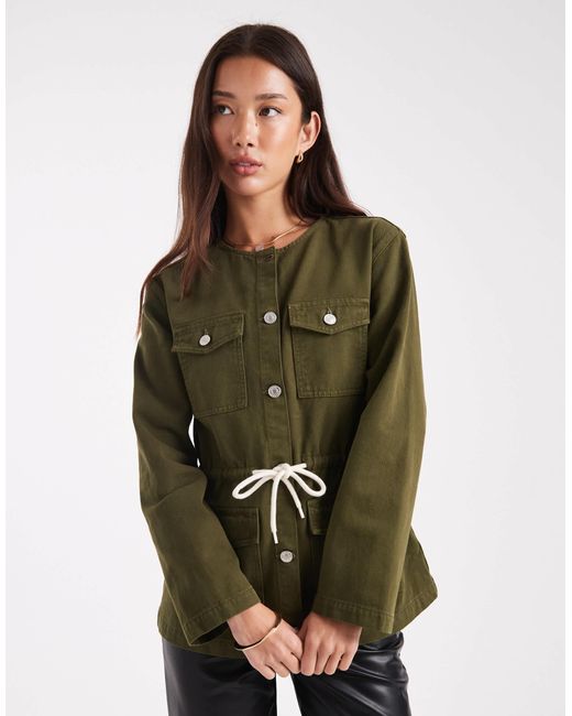 ASOS Green Cinch Waist Utility Pocket Denim Jacket With Waist Cord