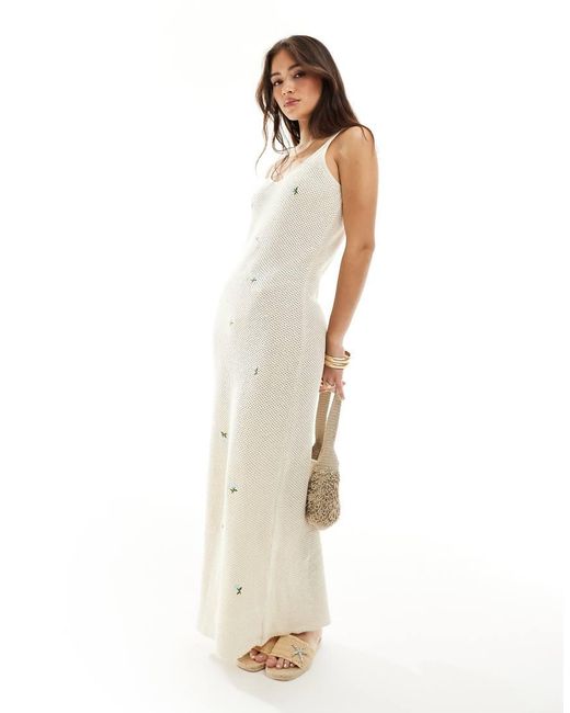 Y.A.S White Knitted Cami Maxi Dress With Floral Embroidery