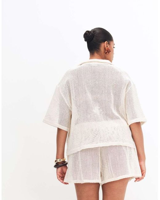 ASOS White Asos Design Curve Open Knit Revere Shirt Co-ord With Cornelli Detail