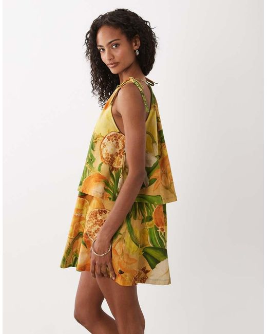 ASOS Yellow Tie Neck Baby Doll Printed Mini Dress