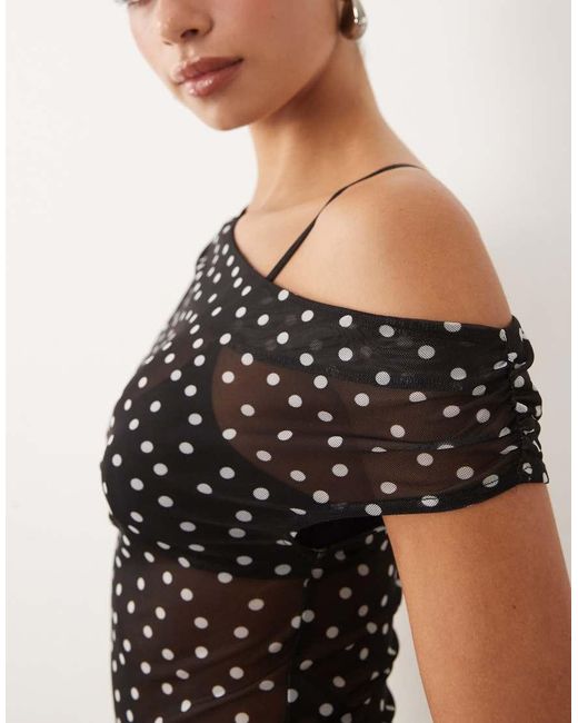 ASOS Black Sheer Mesh Ruched Off Shoulder Asymmetric Top